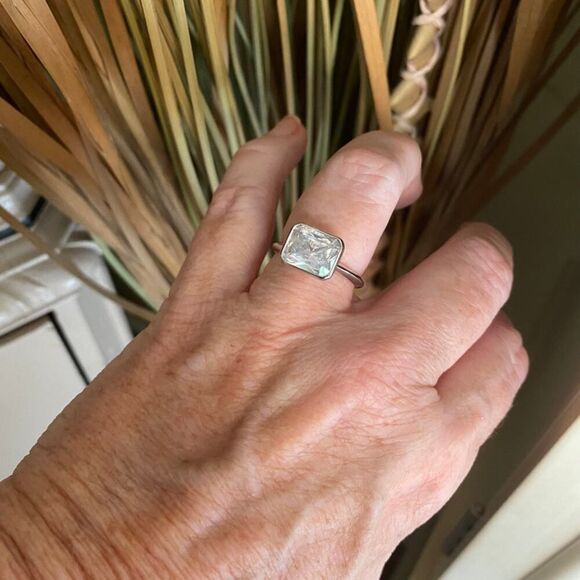 Cushion Cut Clear CZ Bezel Ring Rhodium - Picture 7 of 10